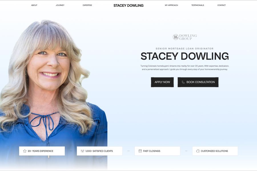 The Stacey Dowling site we designed: a full-height portrait beside her name, role and two clear actions