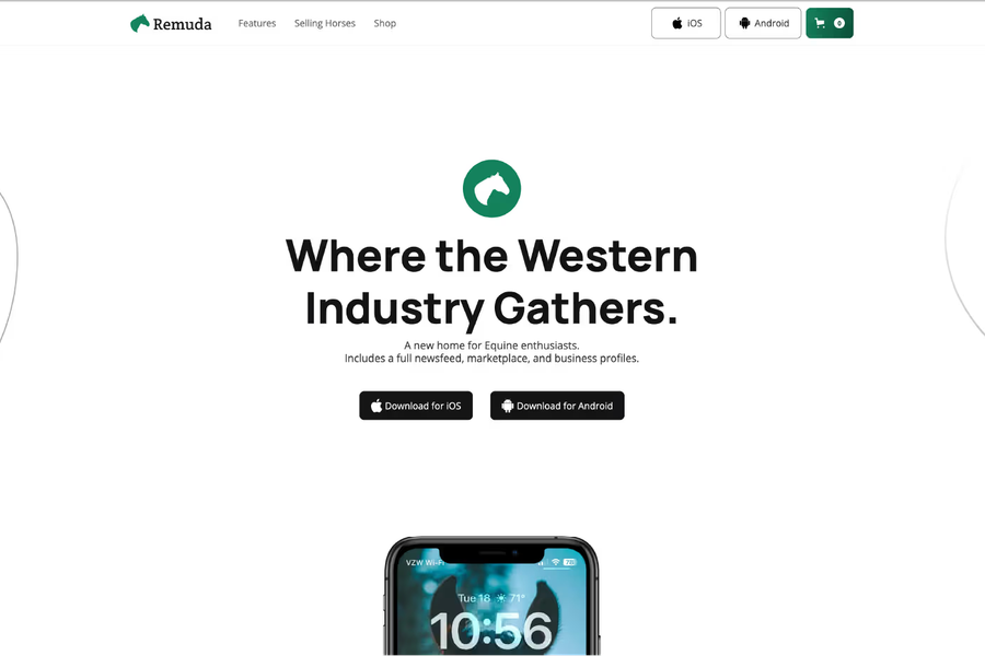 The Remuda marketing site we designed, with the app it markets shown on a phone below the headline