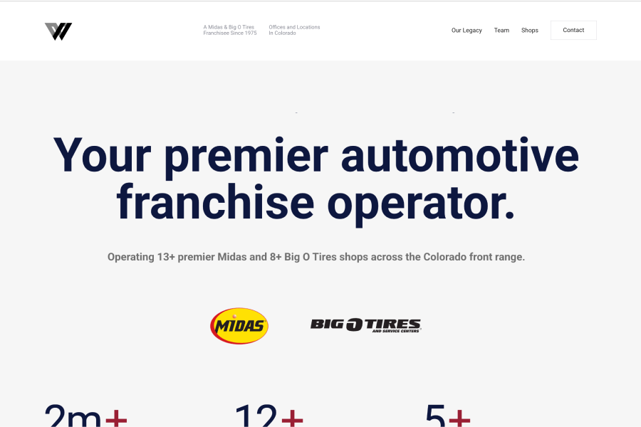 The Wenco Industries homepage Mondo designed and built, headlined "Your premier automotive franchise operator".
